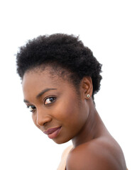 Close up profile of beautiful young african American woman against isolated white background staring