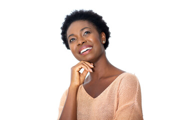 Close up attractive young african American woman smiling with hands on chin by white background