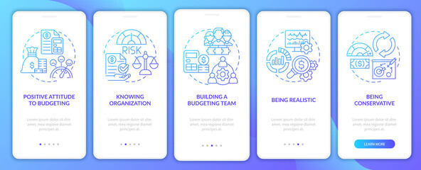 Budgeting blue gradient onboarding mobile app screen. Financial plan walkthrough 5 steps graphic instructions pages with linear concepts. UI, UX, GUI template. Myriad Pro-Bold, Regular fonts used