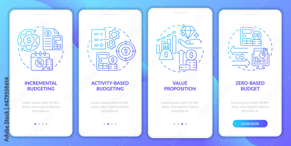 Poster Budgeting types blue gradient onboarding mobile app screen. Plan approach walkthrough 4 steps graphic instructions pages with linear concepts. UI, UX, GUI template. Myriad Pro-Bold, Regular fonts used