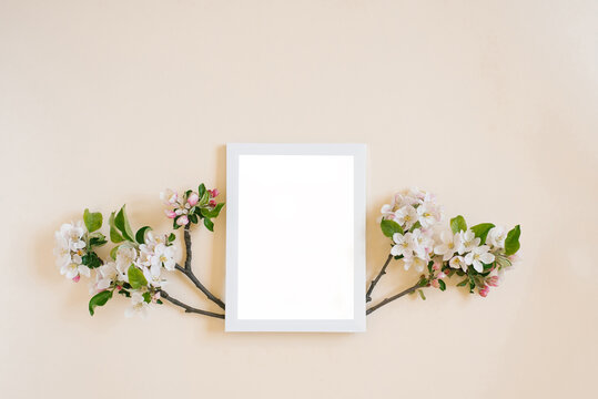 White frame with copy space on a beige background surrounded by branches with white apple flowers