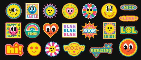 Cool Trendy Retro Smile Positive Stickers Set. Collection of Various Patches with Emoticons and Phrases. - obrazy, fototapety, plakaty