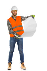 Engineer in white helmet and reflective waistcoat is holding blueprint roll and smiling. Isolated...