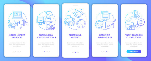 Marketing tools types blue gradient onboarding mobile app screen. Walkthrough 5 steps graphic instructions pages with linear concepts. UI, UX, GUI template. Myriad Pro-Bold, Regular fonts used
