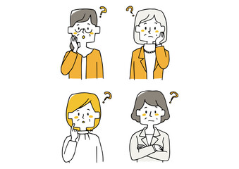 中年女性のオフィスカジュアルな上半身のアイコン　疑問を持っている様子　手描きの人物ベクターイラスト