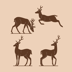 Silhouette of animal. Illustration of deer in various poses.  Vector illustration for emblem, badge, insignia.