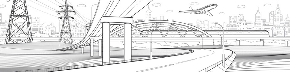 Infrastructure and transport illustration. Car overpass. Train rides. Airplane fly. City skyline. Urban cityscape. Black outline on white background. Vector design art.  - 479560042
