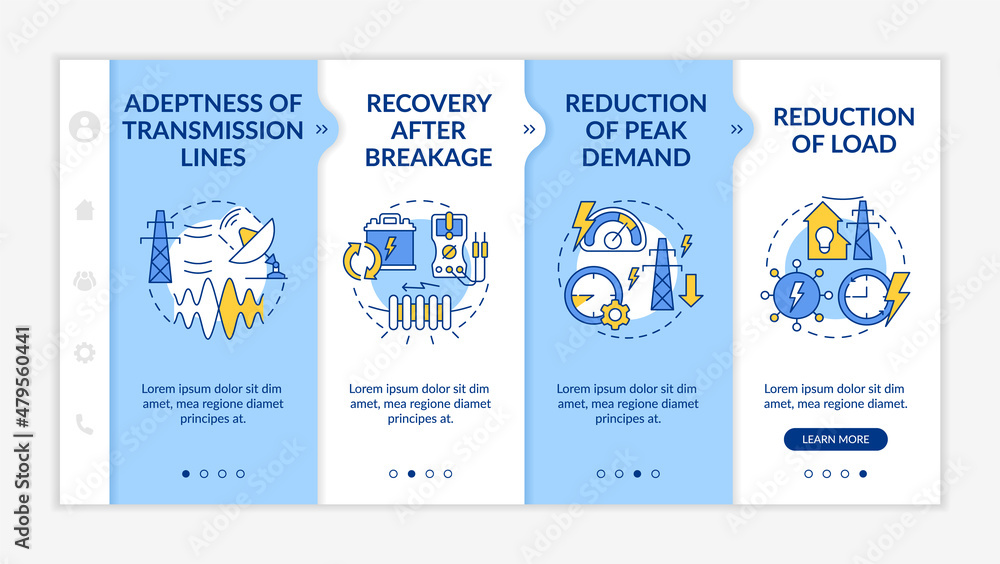 Poster applications of smart grid blue and white onboarding template. electric power. responsive mobile web