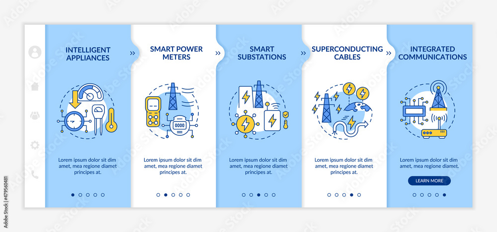 Poster smart grid components blue and white onboarding template. power system. responsive mobile website wi