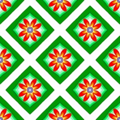 Seamless pattern of drawing of red flower on green on white background. Pattern for decor, wrapping paper, dress, textile, cover skin.