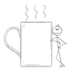 Person Leaning Towards Big Coffee or Tea Cup or Mug, Vector Cartoon Stick Figure Illustration