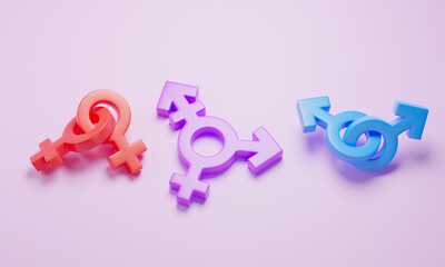 Gay couple, lesbian couple and transgender couple. Gender symbols of man, woman and transgender. 3d render