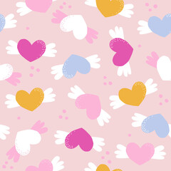 Seamless pattern with flying colorful hearts. Cute pink print. Vector hand drawn illustration. - 479561013
