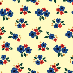 Seamless pattern with simple small bouquets of flowers and leaves. Romantic floral print, floral background with vintage design. Liberty composition of small flowers, leaves. Vector.