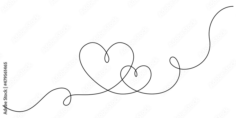 Poster one continuous line drawing of two hearts with love signs. thin curls and romantic symbols in simple