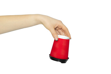inverted paper cup in hand on white background, concept to pass or throw away