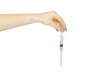 syringe in hand on white background, concept to pass or throw away