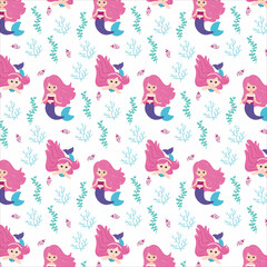 Seamless pattern with cute mermaids and elements of underwater flora and fauna. Underwater childrens texture. Great for illustrating fabric, textiles. Vector.