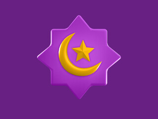 3D Rendering Ramadan Icon - Crescent Moon and star