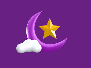 3D Rendering Ramadan Icon - Crescent Moon and star