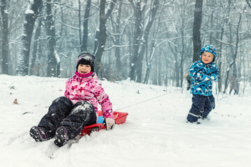 Fototapeta na wymiar Two cute adorable funny sibling kid friend wear warm jacket enjoy have fun sledging at city park area or forest against cold snowy woods landscape on blizzard winter day. Outdoor children activity