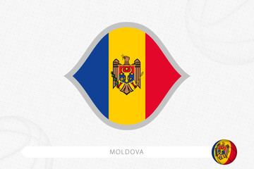 Moldova flag for basketball competition on gray basketball background.