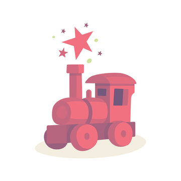 Toy train and stars. Inspiration and magic metaphor. Abstract little locomotive drawing in cartoon style. Part of set.