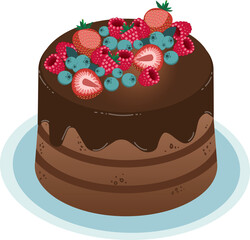 Vector isometric chocolate cake with assorted berries, blueberries, strawberries, raspberries