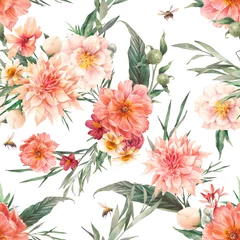 Deurstickers Floral classic seamless pattern. Peony flowers, rose, greenery watercolor texture. Elegant wallpaper design, fabric or wrapping paper print © ldinka