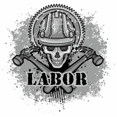 skull in construction safety helmets and tools, grunge vintage design t shirts