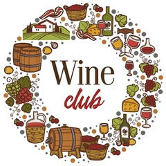 Wine club banner with barrels and grapes alcohol