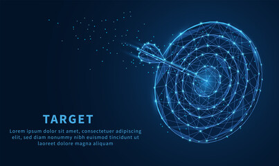 Smart goal setting, dart hit the center of dartboard glowing blue. Low polygon, particle, and triangle style design.Wireframe light connection structure.