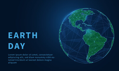 Earth Day, environment,save planet concept on blue background. Low poly style design. abstract geometric background. Digital vector world globe wireframe light connection structure.