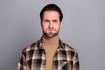 Photo of stressed depressed guy dressed checkered shirt bloated cheeks isolated grey color background
