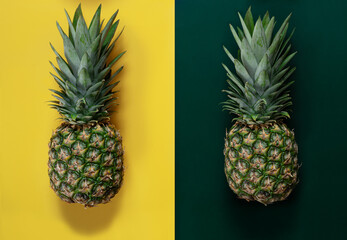 Set of two pineapples on a colorful background consisting of two parts.