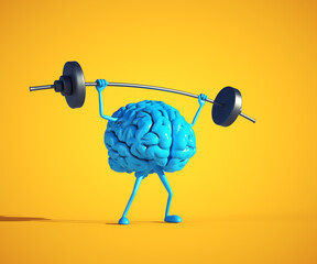 Blue human brain lifting weight. - obrazy, fototapety, plakaty