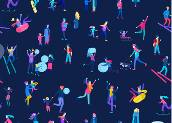 Vector seamless pattern with people dressed in winter clothes or outerwear performing outdoor activities fun. Christmas family ski skating, making snowman, skiing wintertime