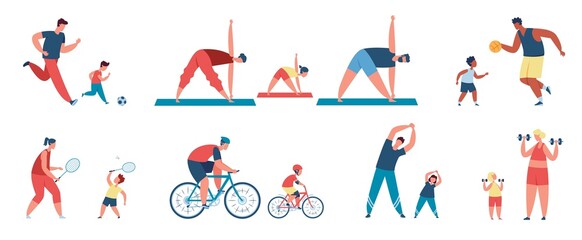 Fototapeta na wymiar Family sport activity, parents with children exercise together. Father and son playing football, riding bikes, active families vector set. Mom, dad and daughter practicing yoga, having leisure