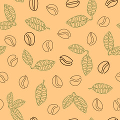 Seamless pattern, coffee beans and coffee leaves. Continuous line drawing. Design for menu, cafe, interior