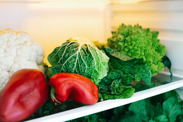 harvest of fresh healthy vegetables on the refrigerator shelf