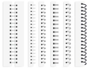 Realistic notebook spirals, calendar metal spiral binders. Binding coils for paper sheets, steel binder rings, wire bindings vector set. Twisted fastener for scrapbook, notepad or album