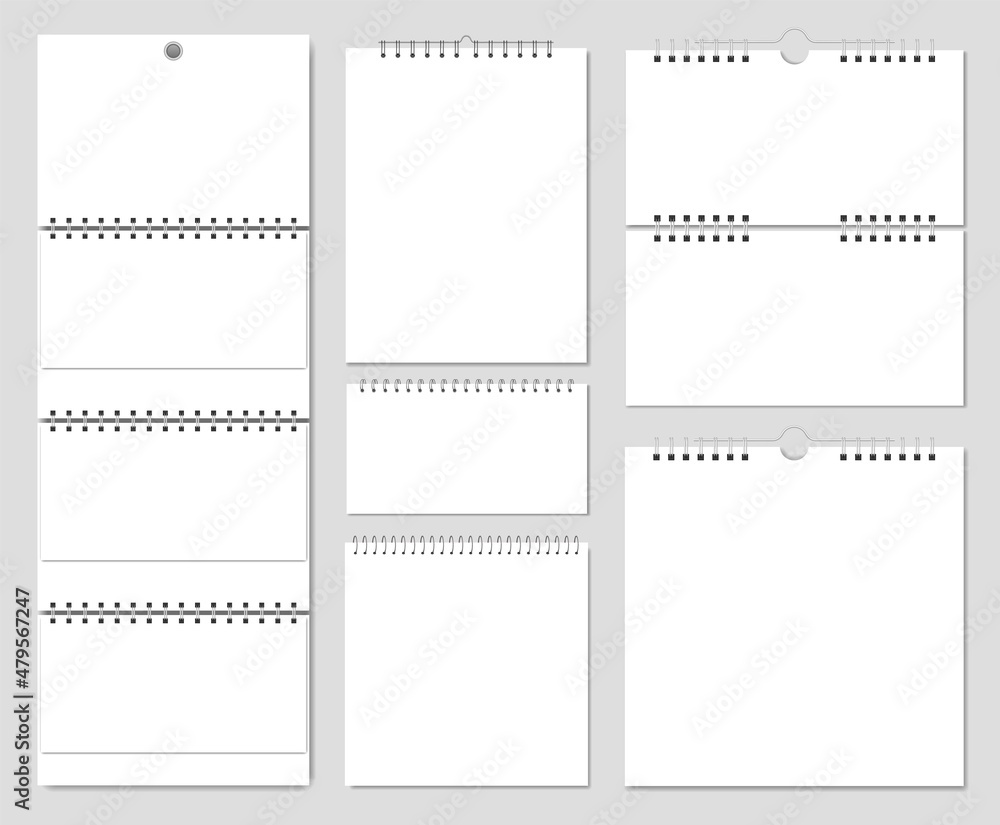 Poster wall calendar mockup, blank calendars templates with spring binding. realistic notebook, empty paper