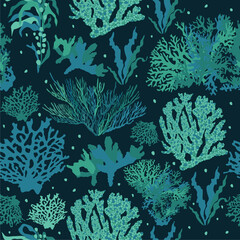 Fototapeta na wymiar Seamless abstract pattern with corals and seaweed. Cold color palette. Underwater concept.