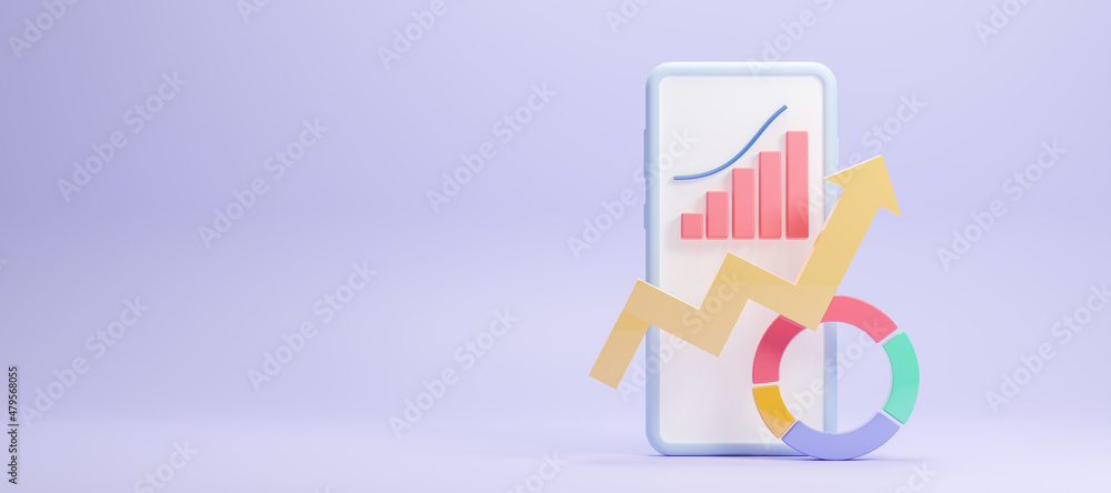 Poster business data analytics and monitoring report dashboard on mobile phone monitor concept, online mark