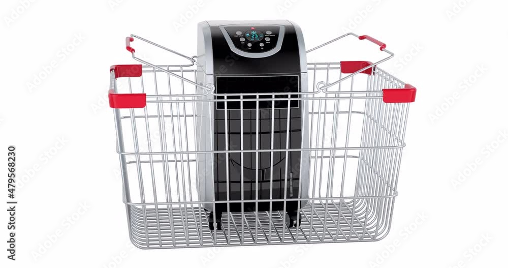 Poster portable air conditioner adding to shopping basket, 3d animation. 3d rendering isolated on white bac