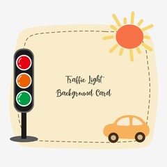 Traffic Light with car and sun background card in cartoon