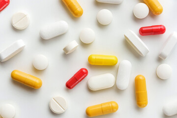 flat lay composition with pills and capsules on a white background.