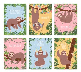 Fototapeta premium Cartoon sloth card, happy sloths sleeping or hanging from tree. Cute posters with sleepy lazy animal characters and funny phrases vector set. Congratulation birthday text greeting cards