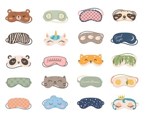 Cute sleeping masks with animals and patterns, night eye mask. Cartoon sleep accessories for dreaming, nightwear pajama elements vector set. Bedtime relaxation and rest, comfortable blindfold