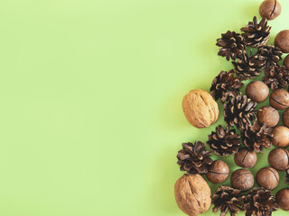 Christmas or New Year natural composition of nuts and cones in the form on the green background. Beige and green natural design.